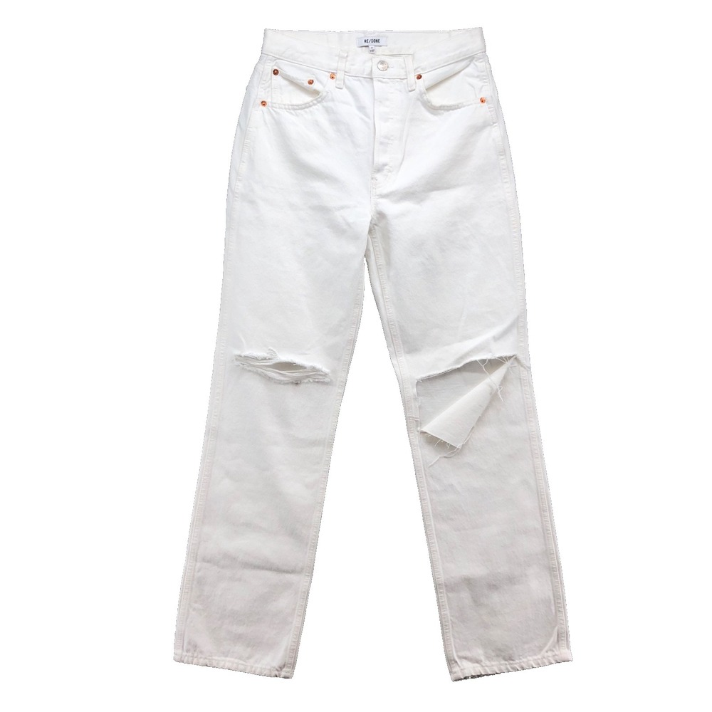Re/Done 90s High Rise Loose Jeans Womens 29 8 White Distressed Straight Leg‎ New